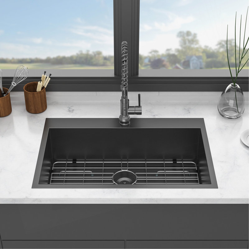 Évier de cuisine encastré 30 po x 22 po x 9 po à cuve simple en acier inoxydable noir calibre 16