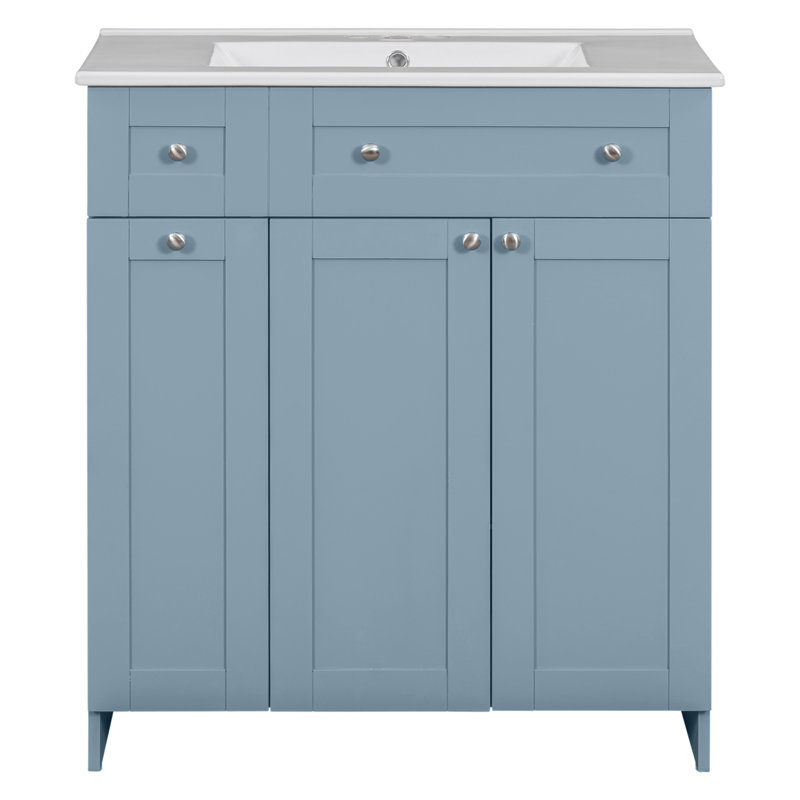 Blue 30-Inch Freestanding Bathroom Vanity with Ceramic Sink and Storage