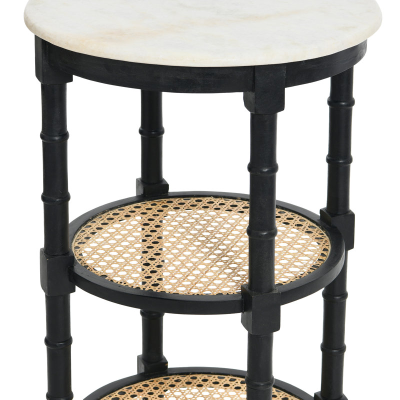 Table d'appoint ronde en bois massif avec plateau en marbre véritable et 2 étagères de rangement en rotin tressé, Noir