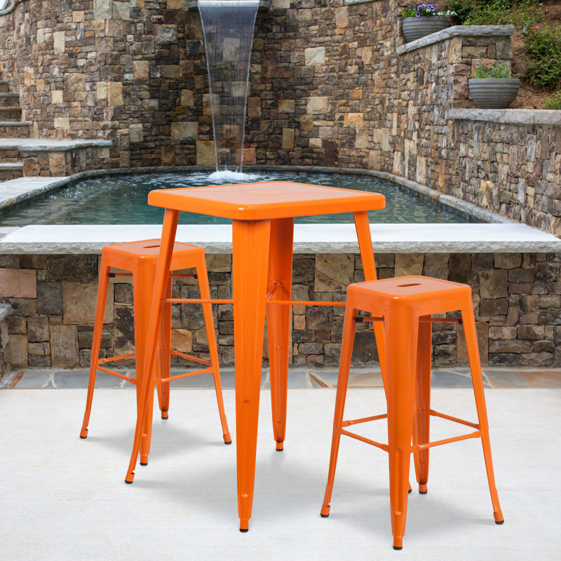 Gyeong 23.75'' Square Metal Indoor-Outdoor Bar Table Set with 2 Square Seat Stools, Orange