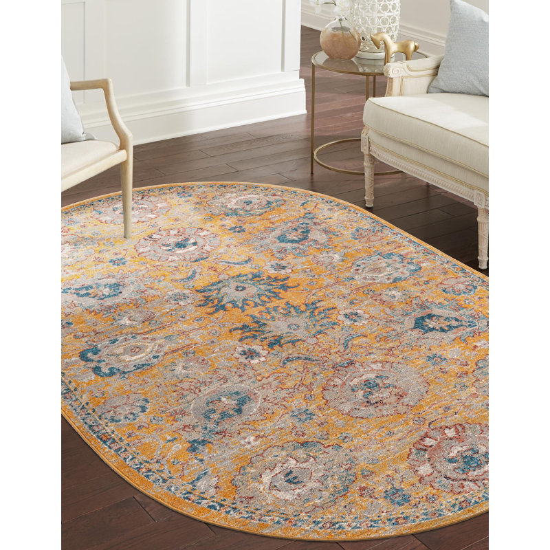 Tapis jaune à motif floral Akira, Ovale 3 pi 11 po x 5 pi 11 po