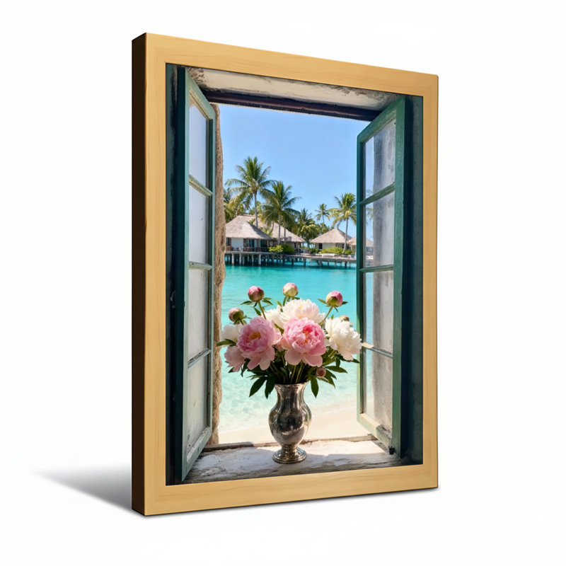 Vase de fleurs de plage et paysage tropical, H 18 po x l 12 po, Toile tendue, Ne s’applique pas