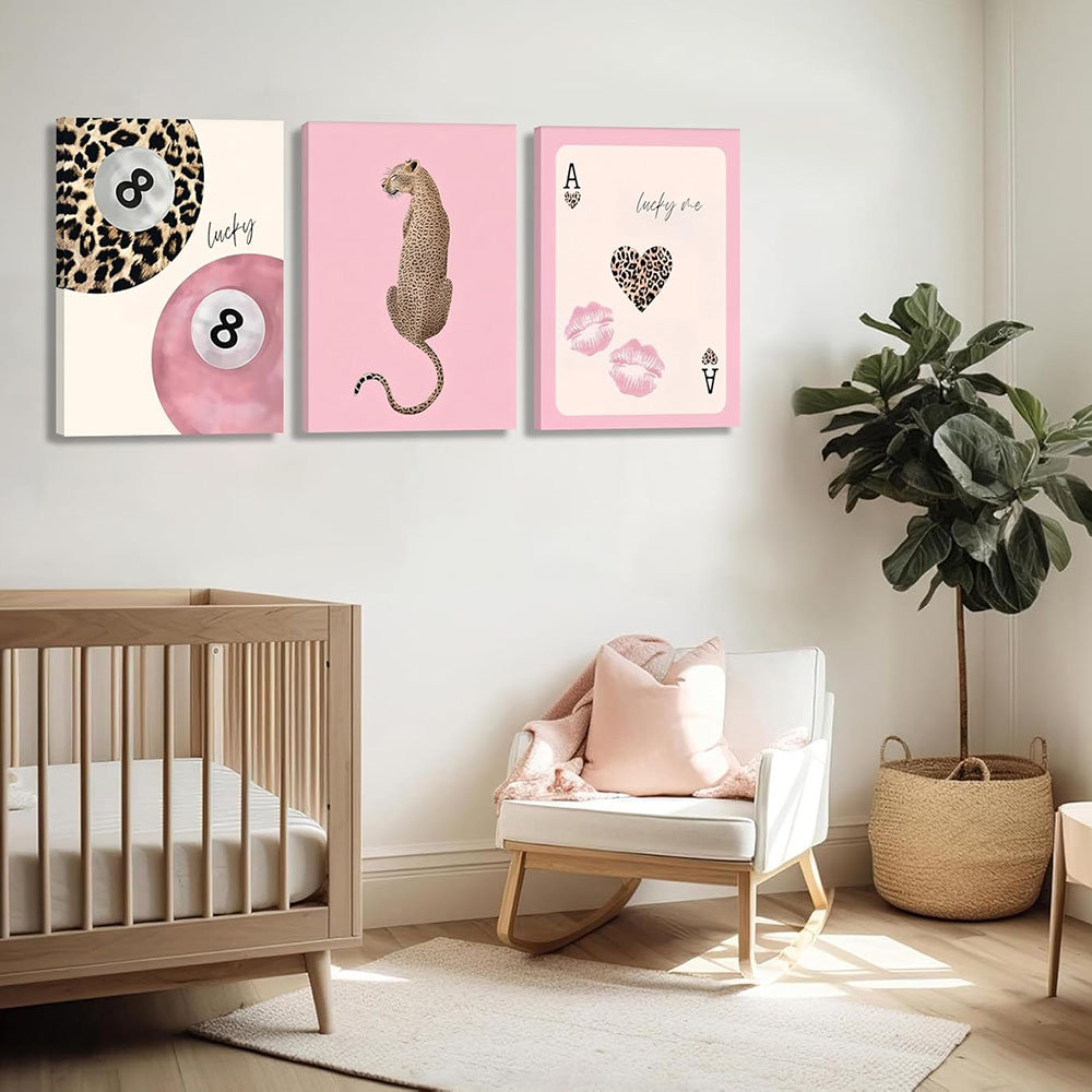 3 Pcs Trendy Pink Preppy Leopard Canvas Wall Art Lucky 8 Ball Playing Card Painting Picture Wall Decor Pink Coquette Funky Cheetah Poster Print Artwor