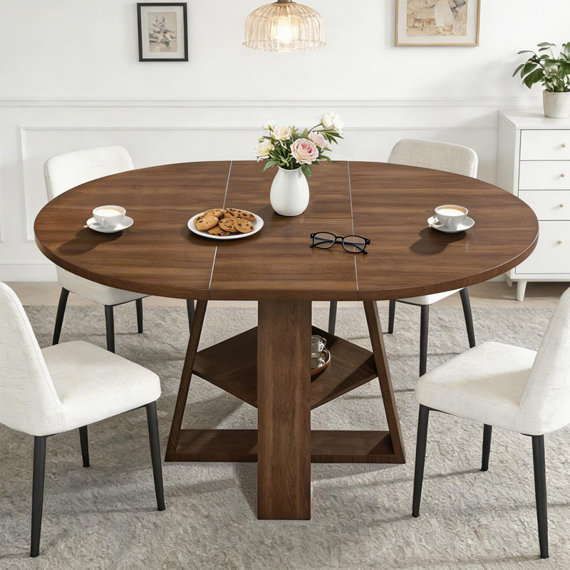 43"–59" Extendable Round Dining Table For 4-8,Oval Kitchen Dining Table With Storage,Walnut, Walnut