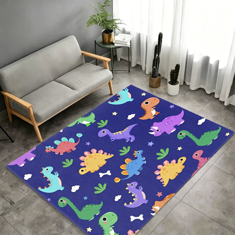 Navy Cartoon Dinosaur Area Rug, 5' x 7' for Kids Bedroom & Playroom