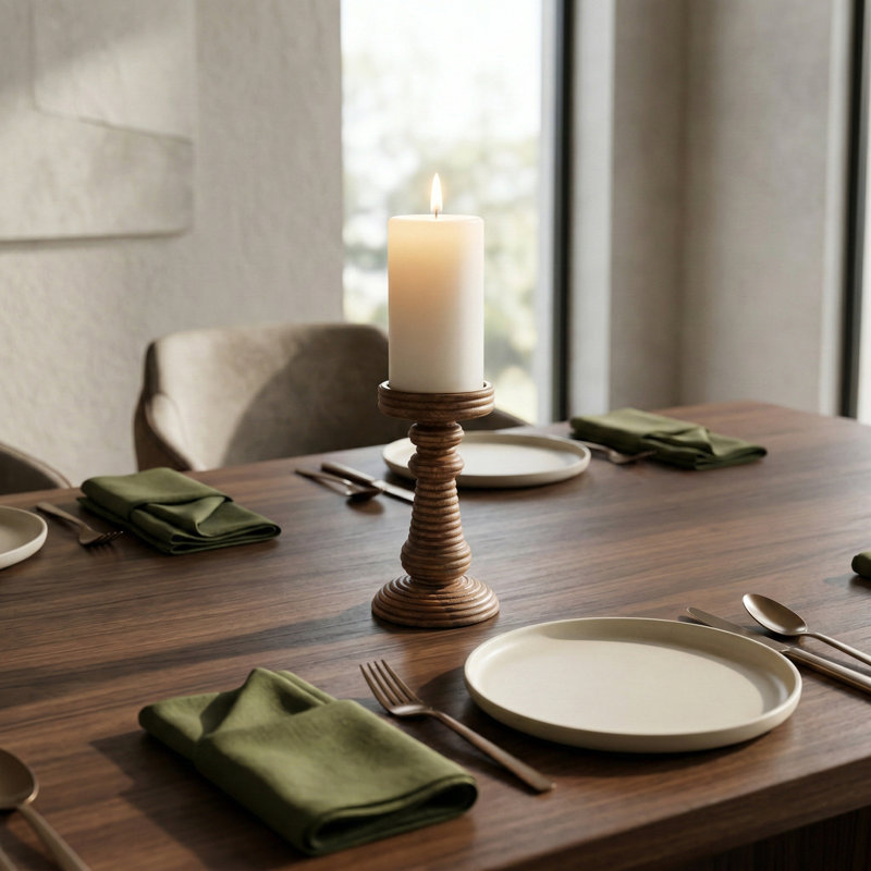 Ribbed Mango Wood Pillar Candle Holder For Home Decor - Sculptural Decorative Accent For Dining Room Tabletop Or Coffee Table - 7.5", Brown & Tan