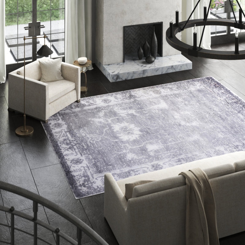 Oriental Hand-Knotted Wool/Silk Gray/White Area Rug, Rectangle 5' x 8'