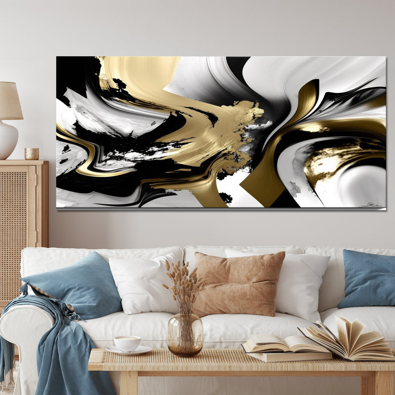 Golden Wave Reflections II - Art mural encadré abstrait, Toile tendue, H 28 po x l 60 po x P 1,5 po