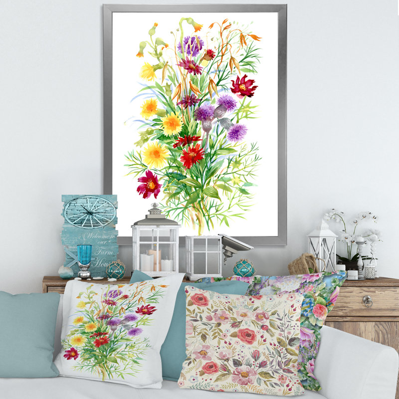 Fleurs sauvages dans la nature - reproduction d'art sur toile, H 32 po x l 16 po x P 1 po, Encadrement argenté