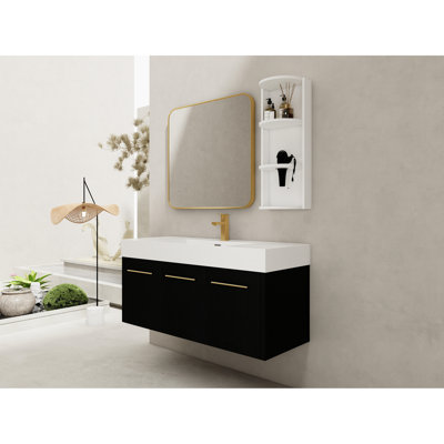 Meuble-lavabo mural avec armoire de 48 po, lavabo en résine à bords épais, support de rangement à trois niveaux, châtaignier noir avec lavabo et charnières à fermeture douce, surface de travail