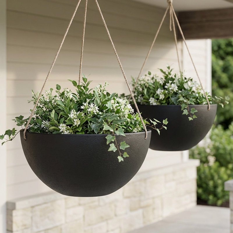 Ensemble de 2 pots à fleurs suspendus Algreen Algra (composite avec crochets en macramé, intérieur / extérieur), Black