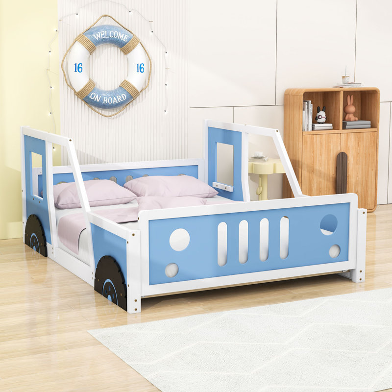 Lit en forme de voiture avec roues et structure en bois robuste, Bleu, Double