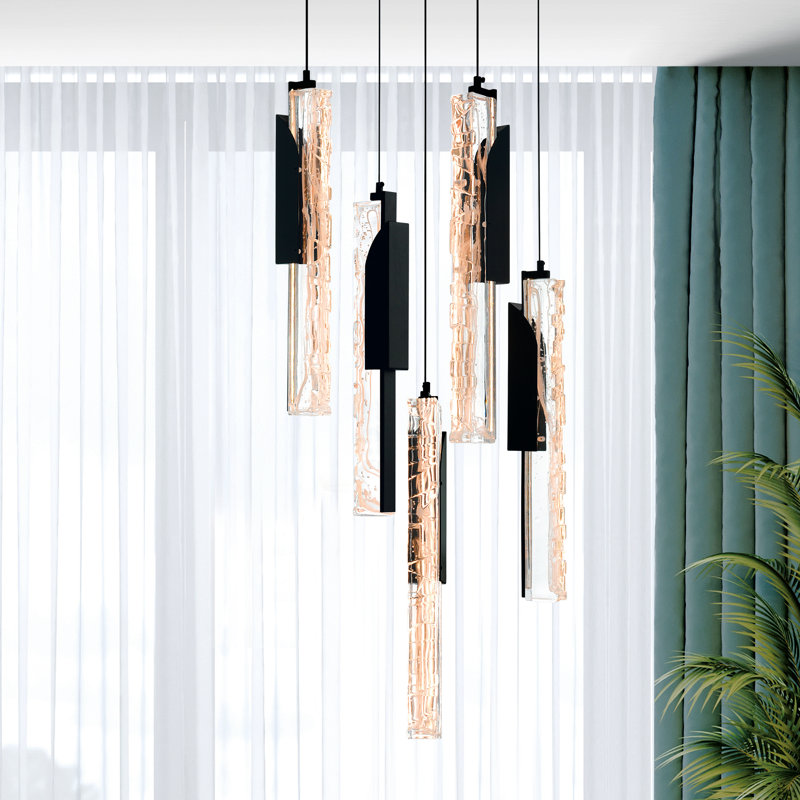Mini-luminaire suspendu 12 po à DEL intégré avec verre texturé fabriqué à la main pour îlot de cuisine, Noir
