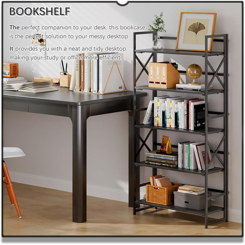 Bibliothèque pliante à 5 niveaux, bibliothèque industrielle H 51,2 "- aucun assemblage requis, tablettes de rangement pliables pour la chambre à coucher, le salon ou le bureau personnel - blanc / or