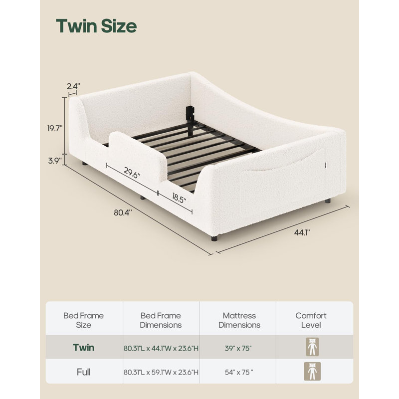 Floor Bed, Low Montessori 2-in-1 Convertible Beds, With Slats And High Rails, Upholstered Teddy Boucle, Curve Round Frame, No Box Spring Needed, Easy Assemble, Beige