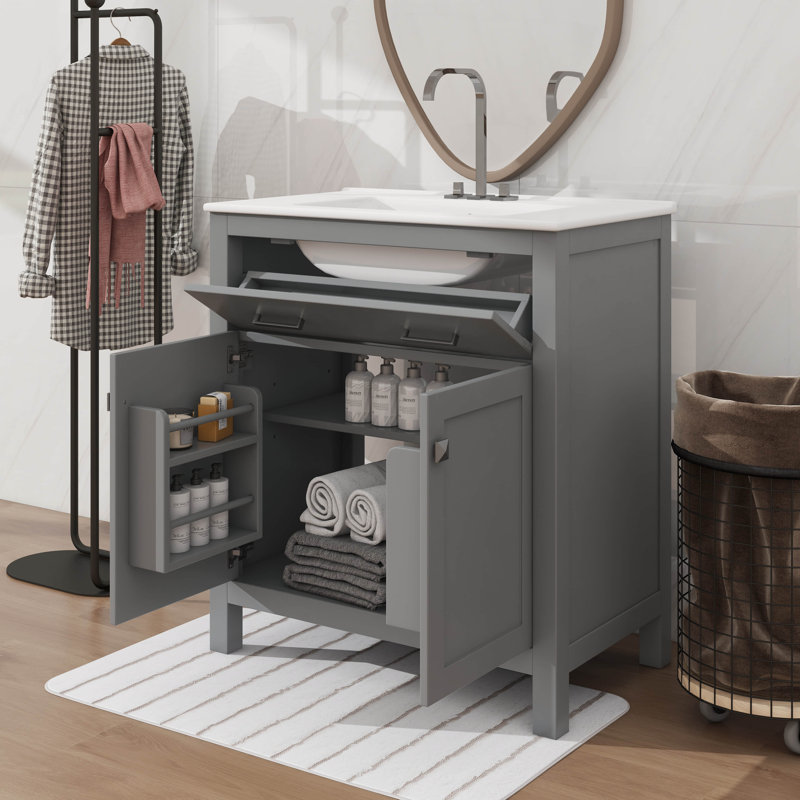 Meuble-lavabo de 30 po avec lavabo intégré et tiroir inclinable, Gris, Nickel brossé