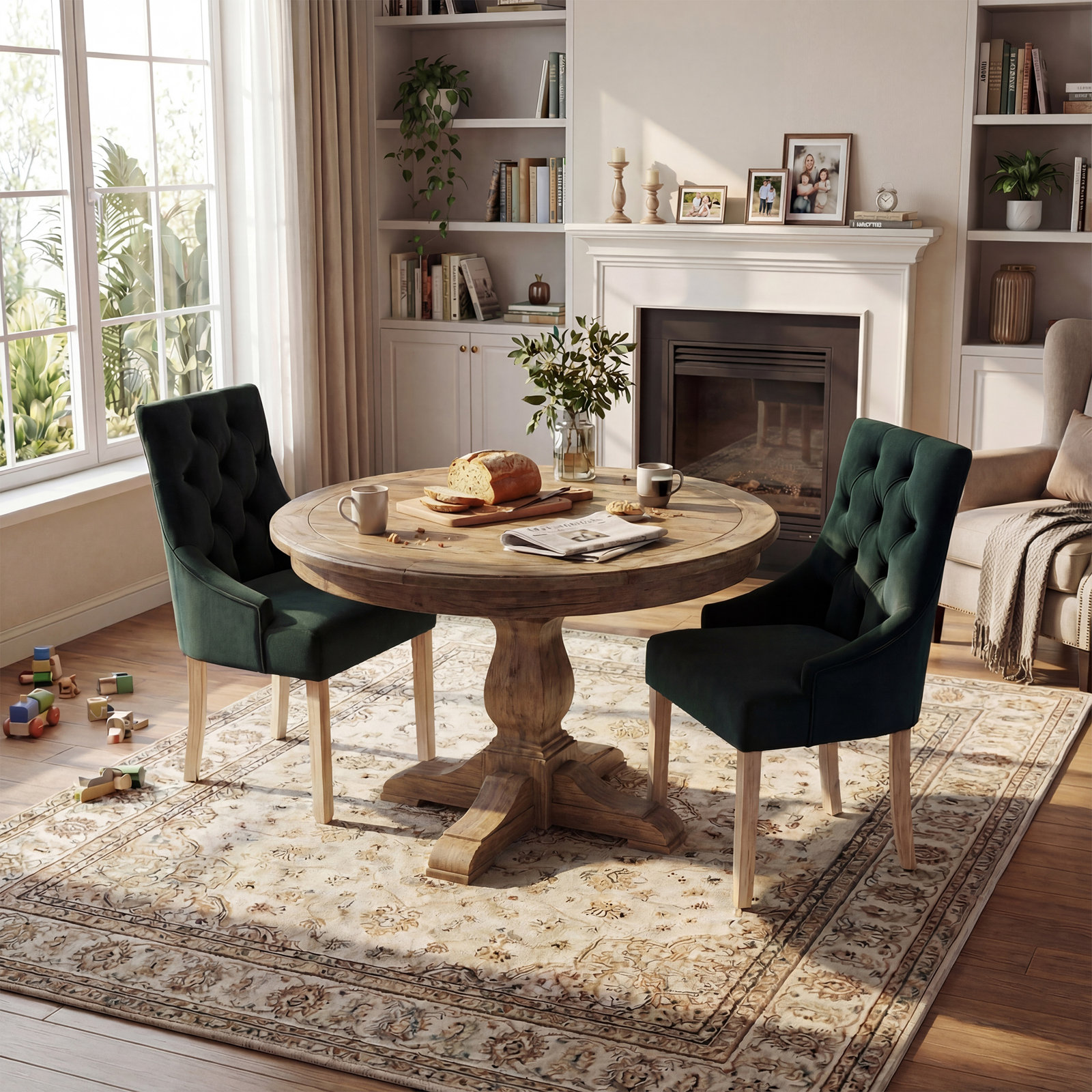 Button-tufted Wing Back Upholstered Dining Chair Side Chair (set Of 2), Green Polyester Blend