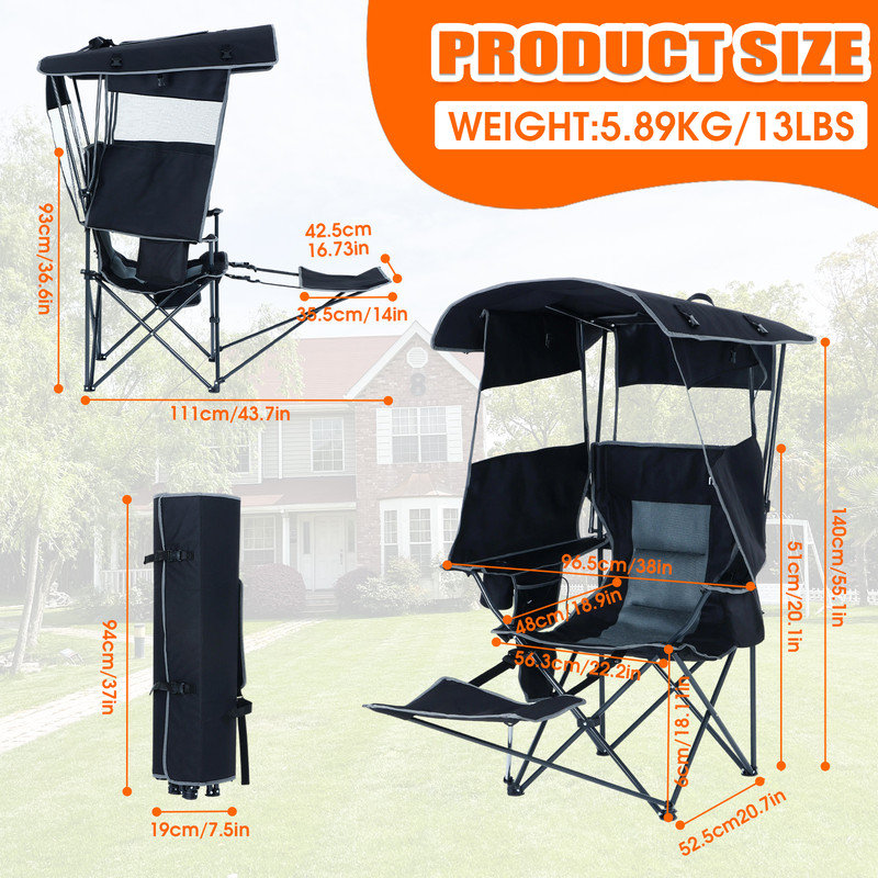 Heated Folding Camping Chair with Shade Canopy and Removable Footrest for Outdoor Activities (Set of 2), Set of 2