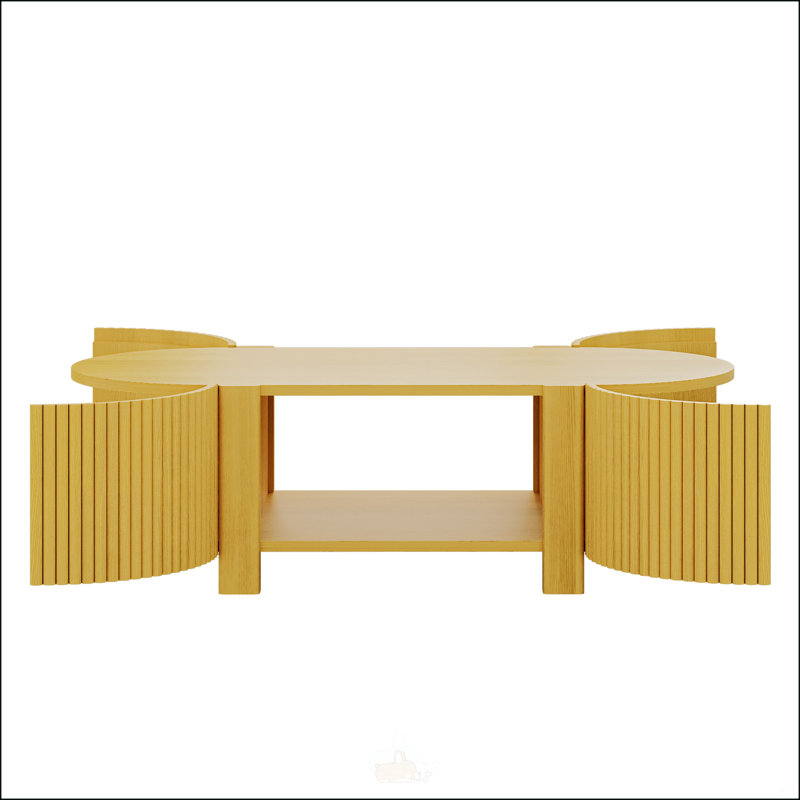 Table basse ovale cannelée avec rangement, bois d'hévéa massif, 1 tablette et 2 portes ouvertes, parfaite pour les salons modernes