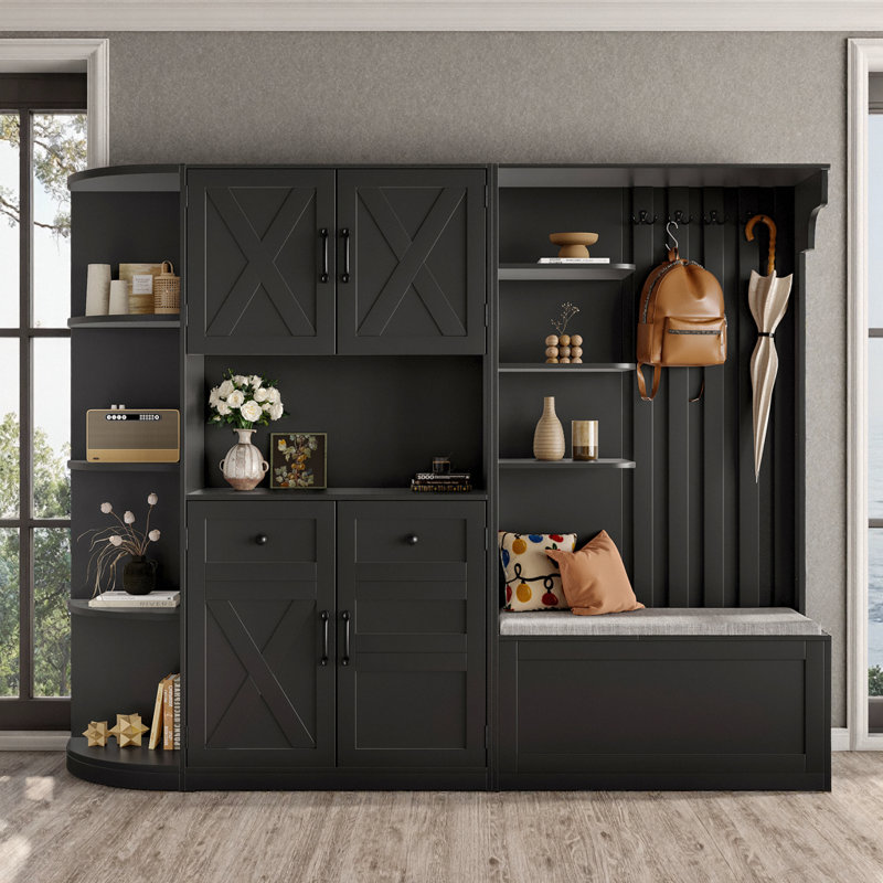 Multifunctional Hall Combo: 2-in-1 Storage Cabinet & Entryway Organizer with Hooks, L-Shape Space Saver, Black, Black