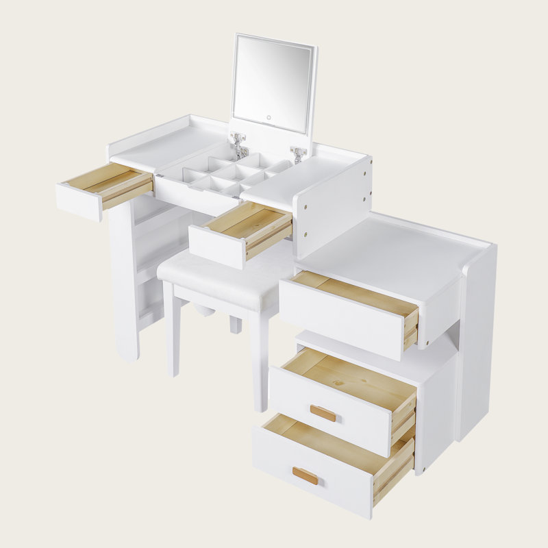 3-in-1 Makeup Vanity Desk with Flip-Top Mirror, LED Light & Retractable Side Cabinet, Modern Dressing Table with Drawers & Stool