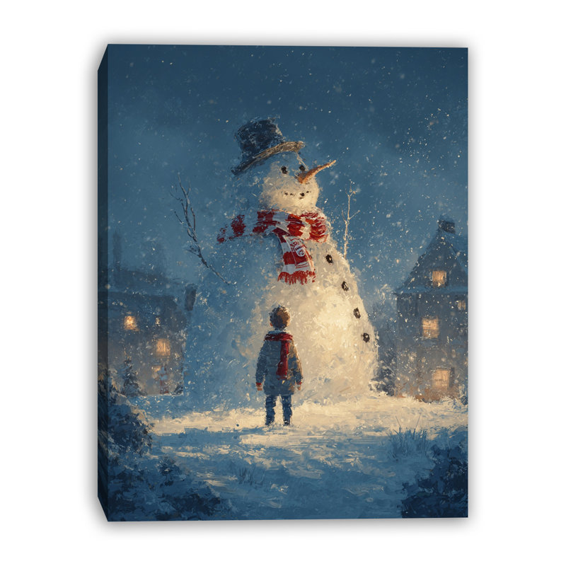 «Child and Snowman Wonder», art mural sur toile tendue, 36 po x 48 po