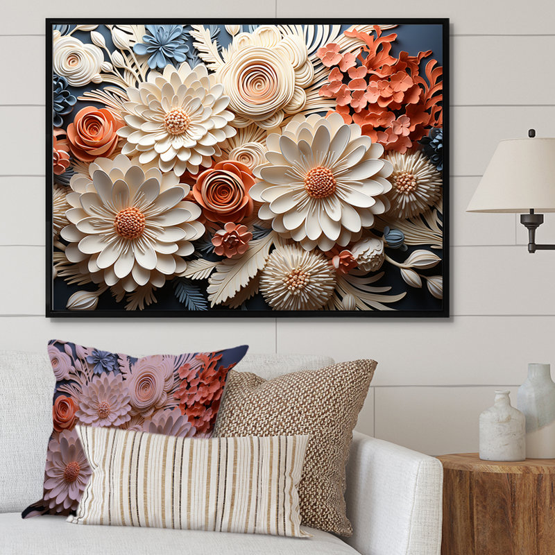 Pêche et corail blanc I - art botanique abstrait, H 16 po x l 32 po x P 1 po, Cadre flottant noir