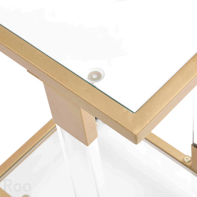 Table d'appoint dorée, table de canapé en acrylique, table carrée en C avec plateau en verre et base en métal pour le salon, la chambre à coucher, le balcon, la maison et le bureau