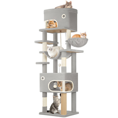 Cat Tree for Indoor Cats, Multi-layer Scratching Post with Large Platform, 2 Caves, 7 Sisal Posts, Pompoms, Cat Basket, Hammock, Suitable for Cats