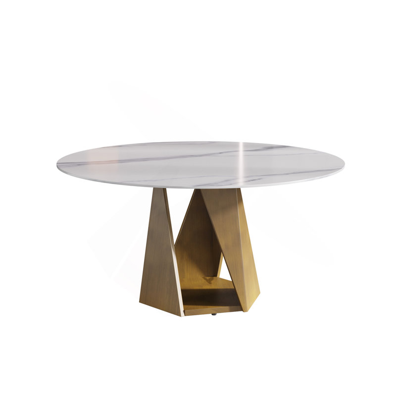Table de salle à manger en marbre 59,05 "avec base en fer et métal bronze, marbre artificiel pour 6 à 8 personnes, table de salle à manger / cuisine de salle à manger, blanc (table de salle à manger seulement)