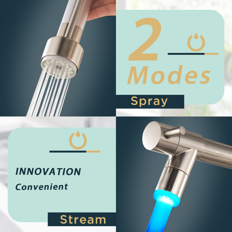 FORIOUS LED Light Pull Out Kitchen Faucet with Accessories, Brushed Nickel