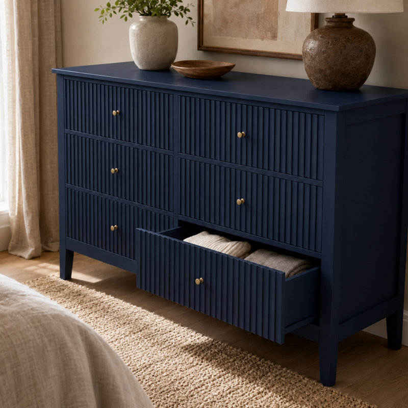 Commode 6 tiroirs 47,2 "avec façades cannelées, Blue