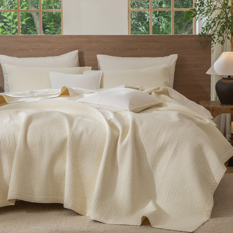 MooMee Lightweight Quilt Set 100% Washed Cotton Linen-Like Stripe Stitch Breathable All-season , Cream White