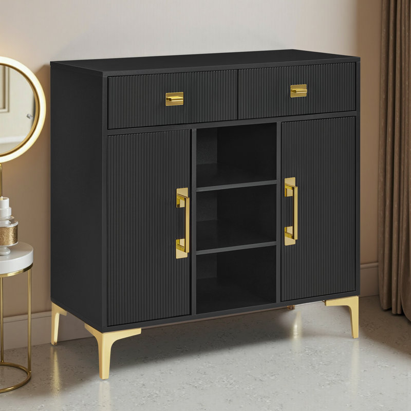 Armoire d'appoint cannelée avec 2 tiroirs, tablettes ouvertes et 2 armoires réglables, Noir