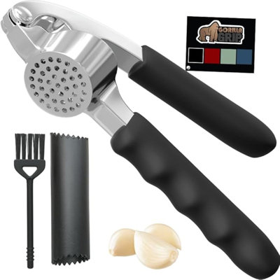 Garlic Press And Peel Set, Heavy Duty Mincer Tool, Easily Mince And Crush Garlics, Ginger, Nuts, Seeds, Large Ergonomic Handle, Peeler Included For Peeling Cloves, Kitchen Gadgets, Black