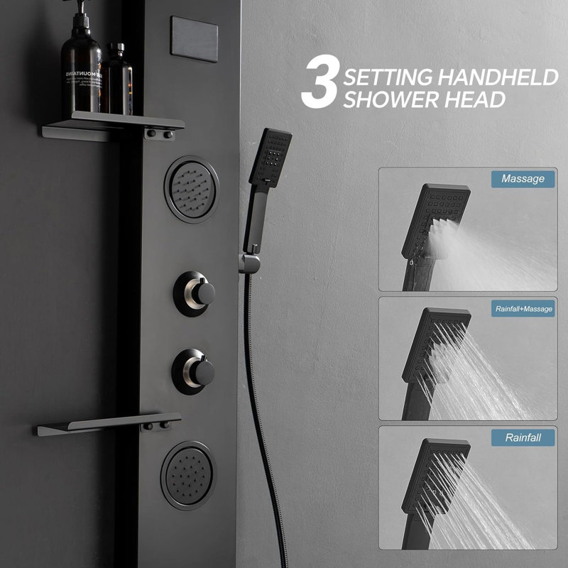 51.1 Inch 4‑Function Matte Black Shower Panel Tower, Wall‑Mount Stainless Steel Shower System with Rainfall Shower Head, Handheld Wand, Body Jets, LED Display & Storage Shelves