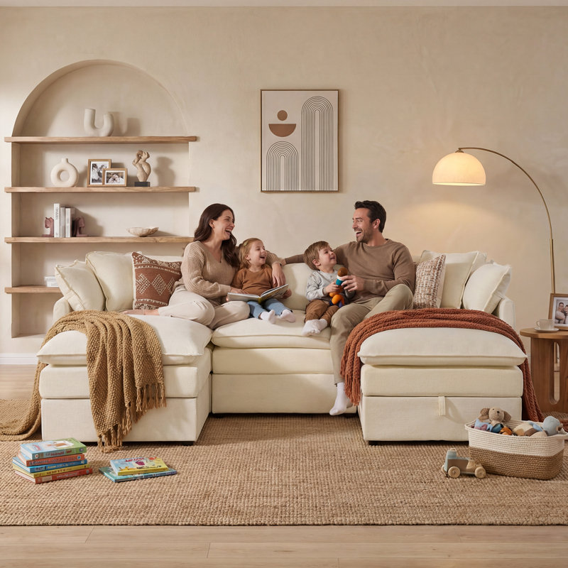 Canapé modulaire avec rangement en U en chenille 102 po George, Chenille beige