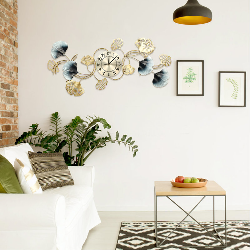 Décoration murale en métal feuille de ginkgo avec horloge