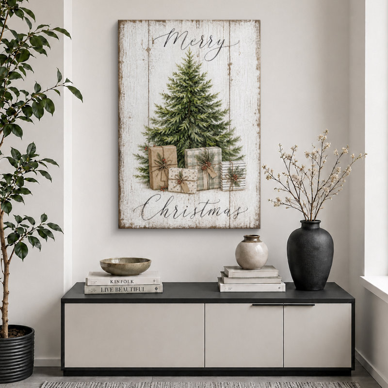 «Rustic Christmas Tree Holiday», art de chambre à coucher, impression sur toile encadrée, H 24 po x l 16 po x P 1,5 po