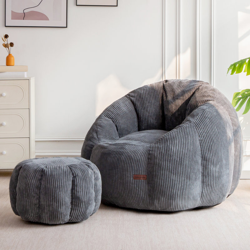 Fauteuil à billes en velours côtelé avec repose-pieds Giant, Gris