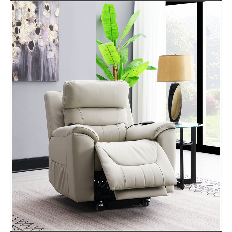 Fauteuil inclinable électrique Marsha en cuir synthétique gris clair avec levage, chauffage et massage