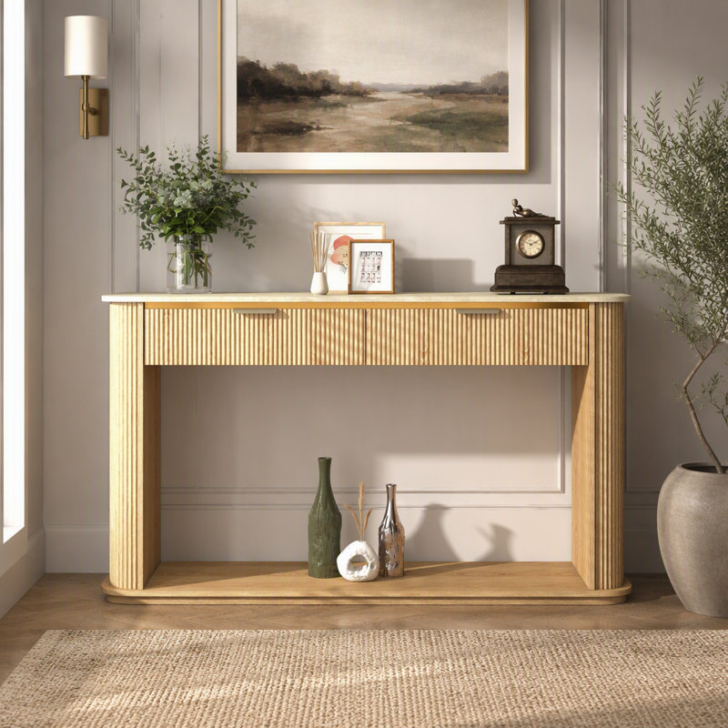 Console cannelée avec plateau en imitation travertin, table d'entrée avec moulures, 2 tiroirs et étagère ouverte, table d'appoint moderne aux bords arrondis pour salon.