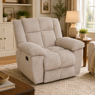Fauteuil inclinable électrique contemporain en tissu rayé blanc cassé avec rembourrage moelleux, dossier de soutien, revêtement texturé doux et conception à siège unique confortable