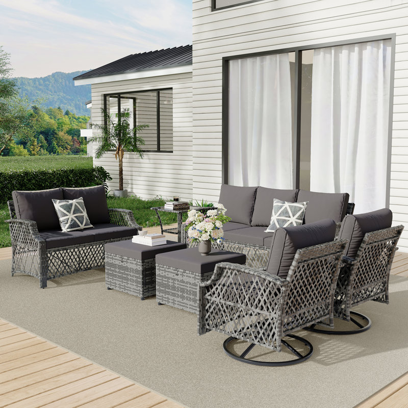 7 Piece Patio Furniture Set, Wicker Outdoor Conversation Sofa Set With Swivel Chairs, 2 Ottomans, Glass Side Table, Gray