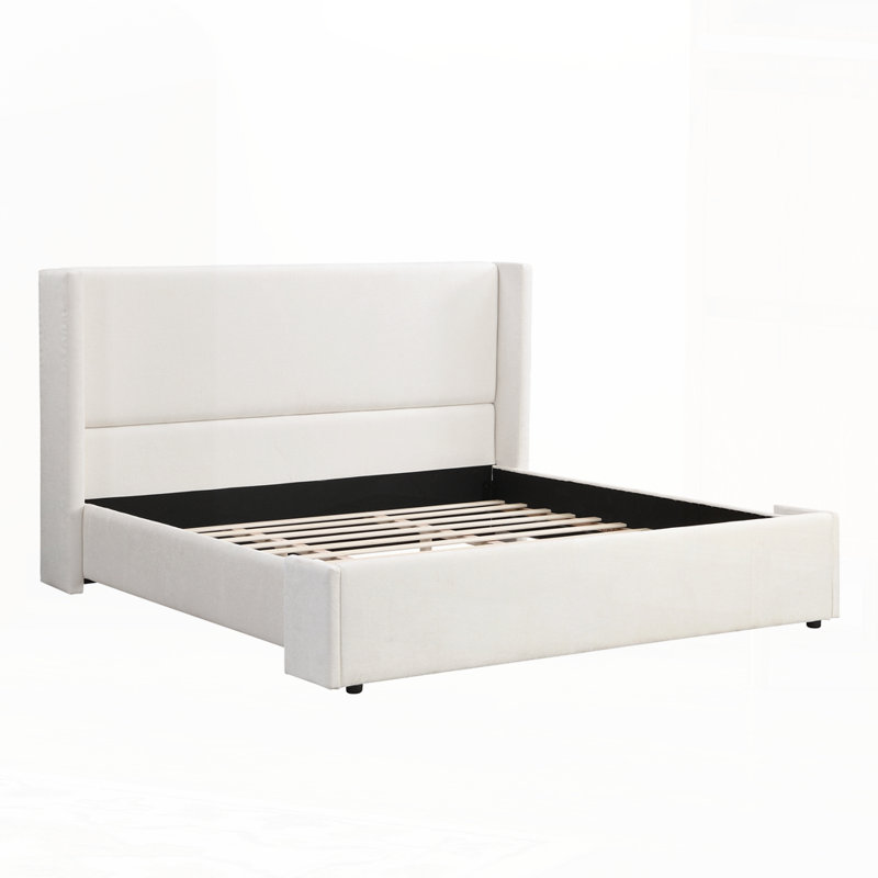 Lit tapissier élégant en tissu blanc avec tête haute, Très grand lit
