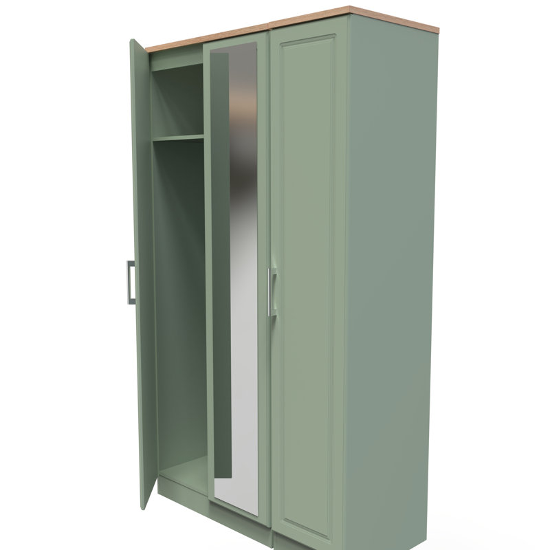 Aalysia Tall Triple Mirror Wardrobe , 196" H x 111" W x 53" D, Reed Green/Bardolino Oak