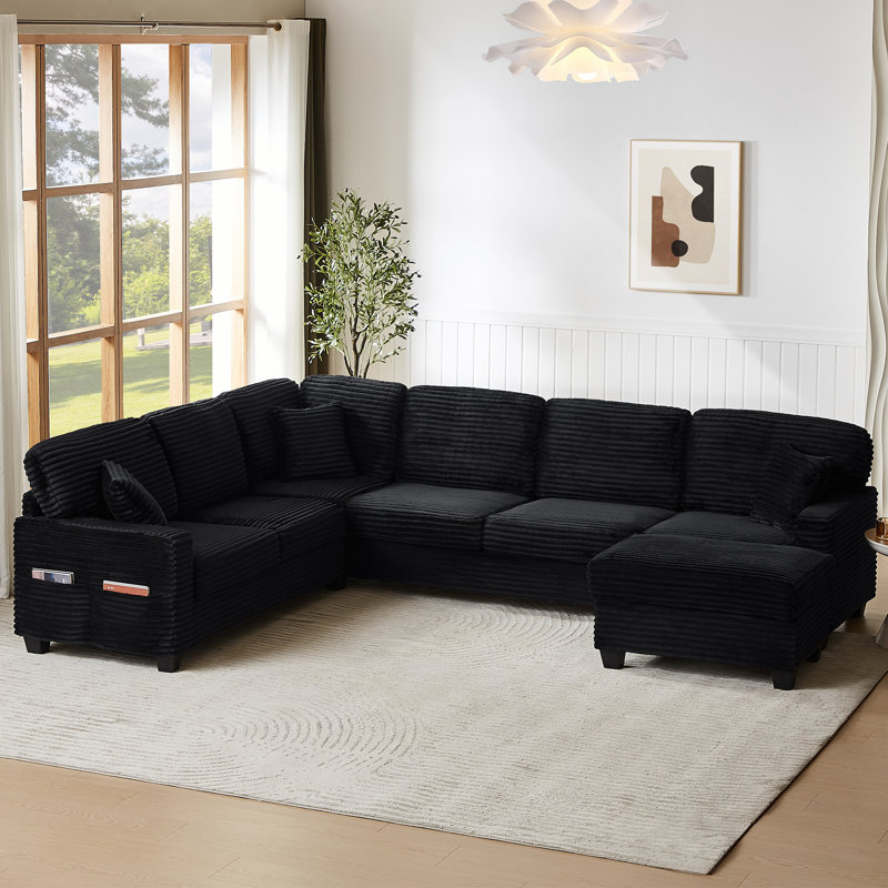 125.2"W 5-Piece Upholstered L-shaped Sectional with a Movable Ottoman, Black Corduroy