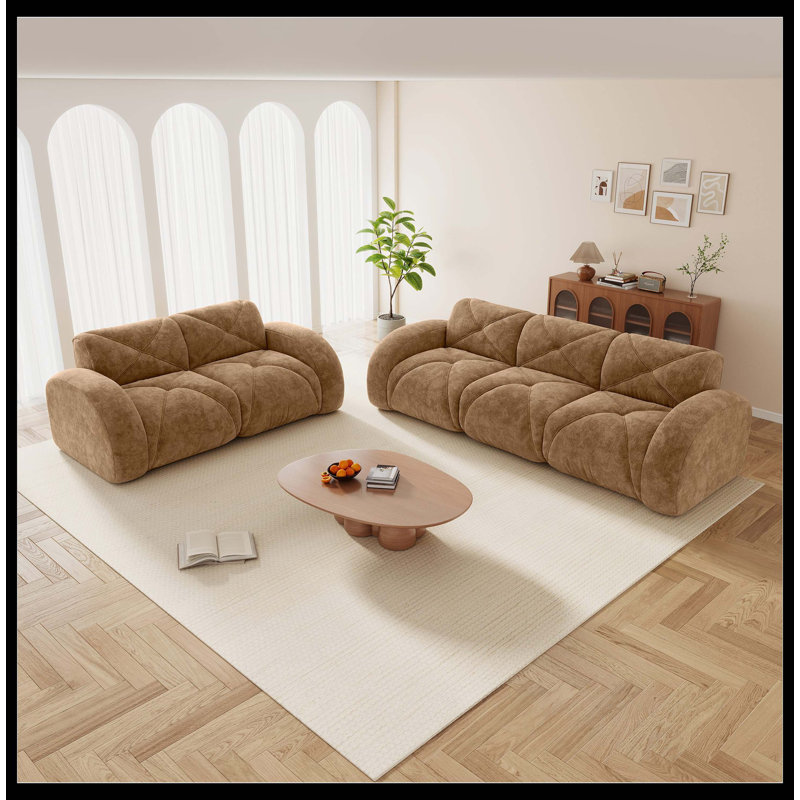 Ensemble de canapé en velours 2 + 3 places Camel, canapé 2 pièces à assise profonde avec éponge haute densité 32D, aucun assemblage requis