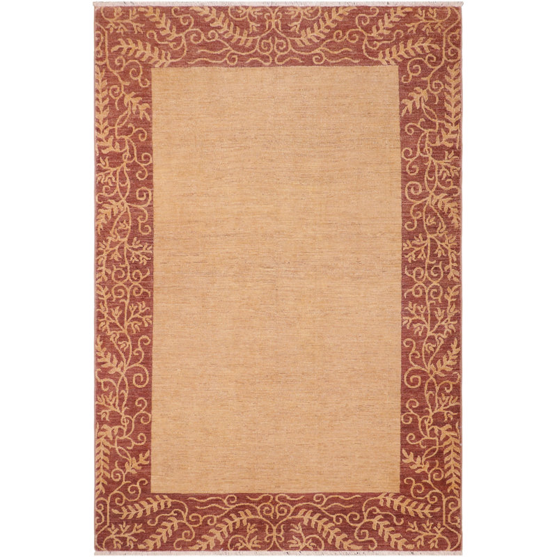 Tapis beige / brun en laine noué à la main à motif floral 5 pi 11 po x 8 pi 8 po Floral