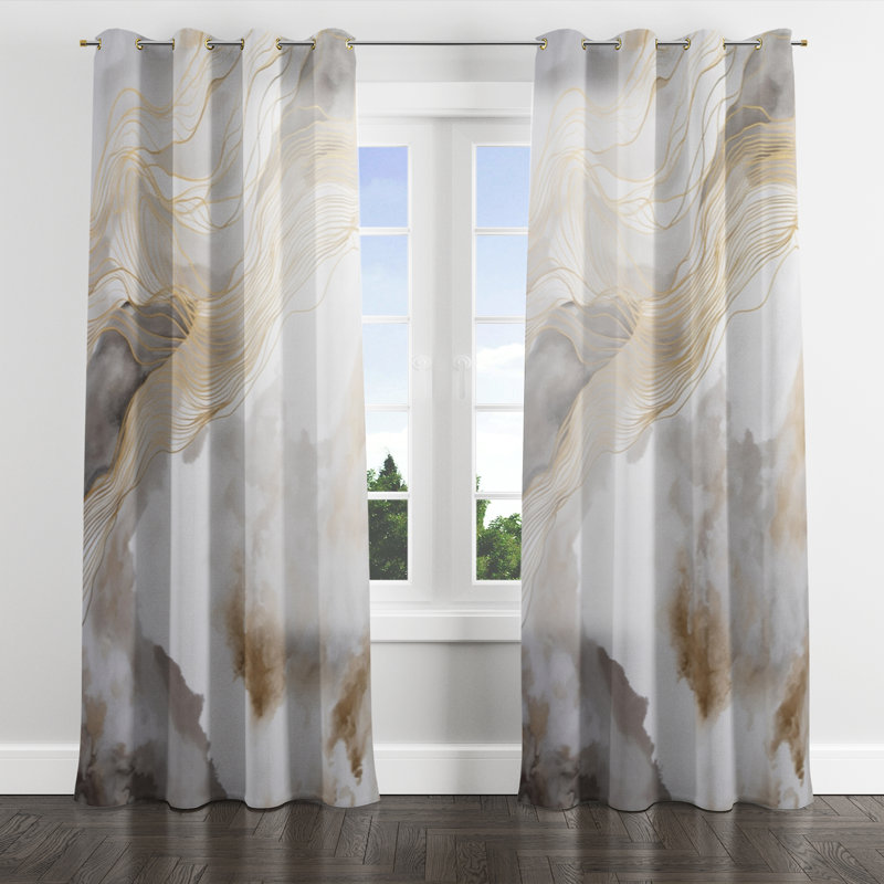 Gold And Grey Abstracted Line Artistry V - Line Art Grommet Curtain - Velvet Room Darkening - 1 panel, 52" W x 108" L